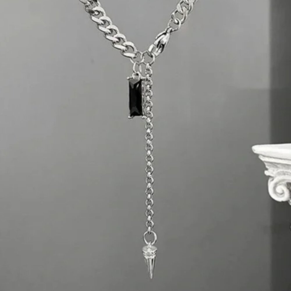Stainless Steel Black Crystal Pendant Necklace